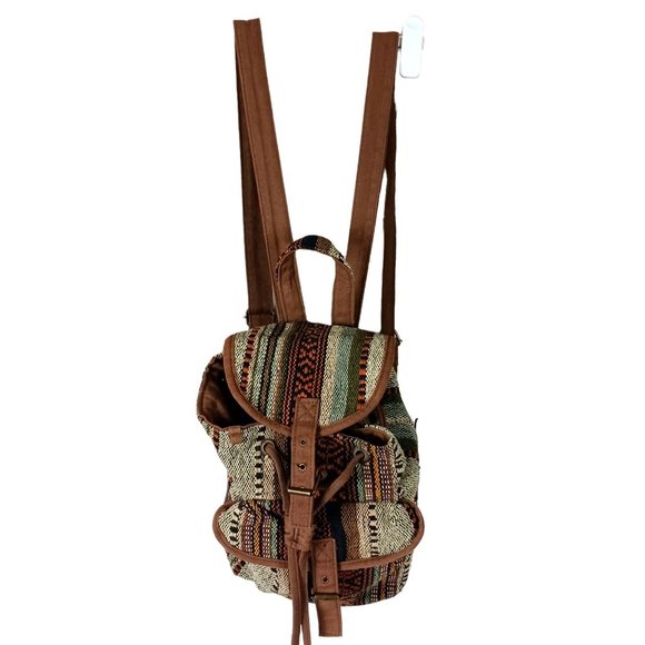 Catori Southwestern Drawstring Mini Backpack Bag Brown Blanket Canvas Tweed - Picture 2 of 15